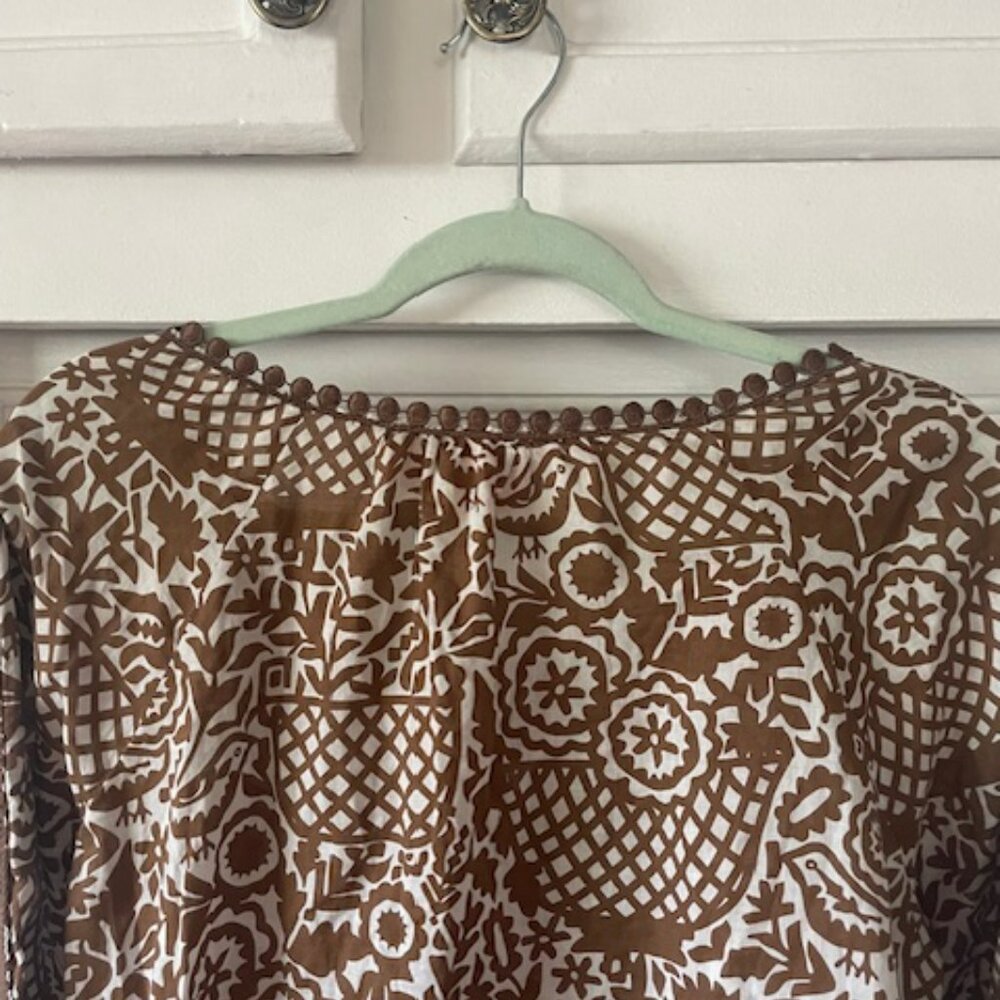 Tory Burch Top Boho Long Sleeve Brown/Tan Print  White Size 10 Lace 100% Cotton - Picture 4 of 10